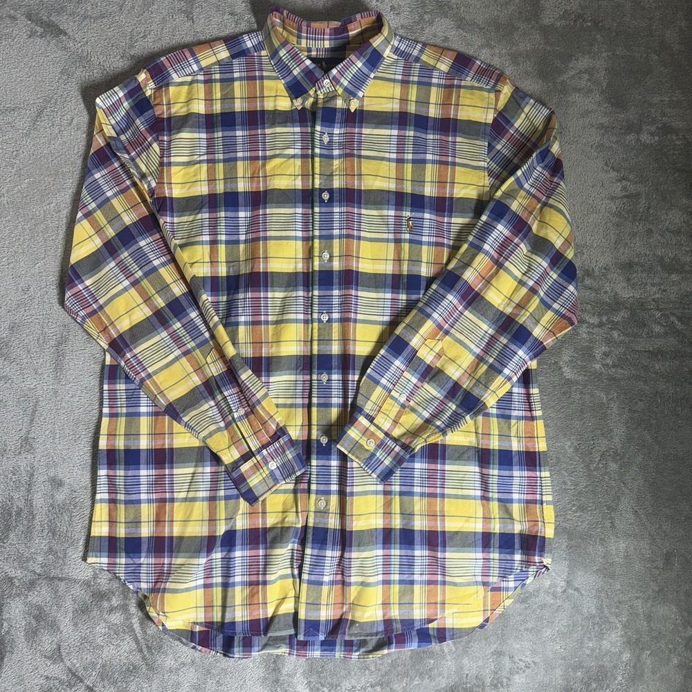 Ralph Lauren Shirt Men's XLT Button Down Casual Yellow Plaid Check Flesh Pony